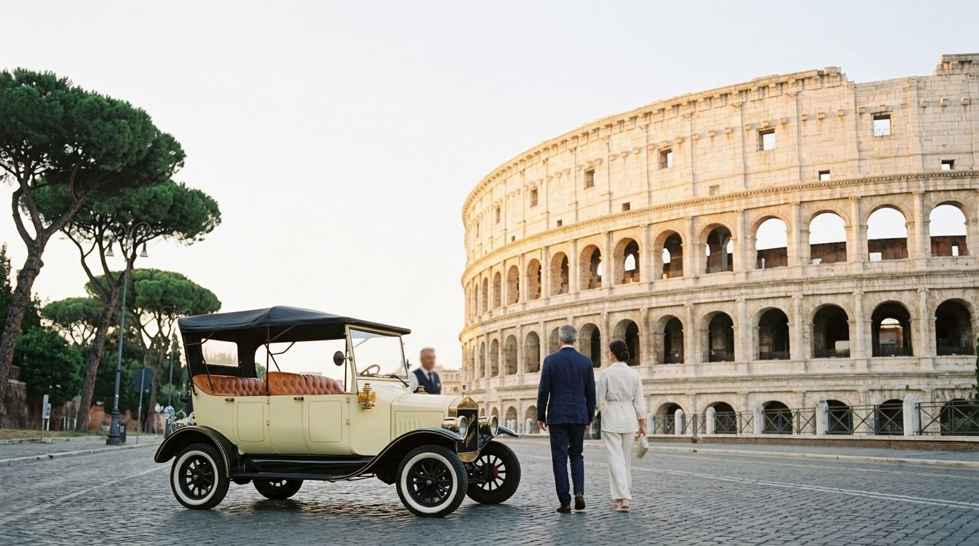 Our cream Model T parked by the Colosseum at sunrise, a couple beside it