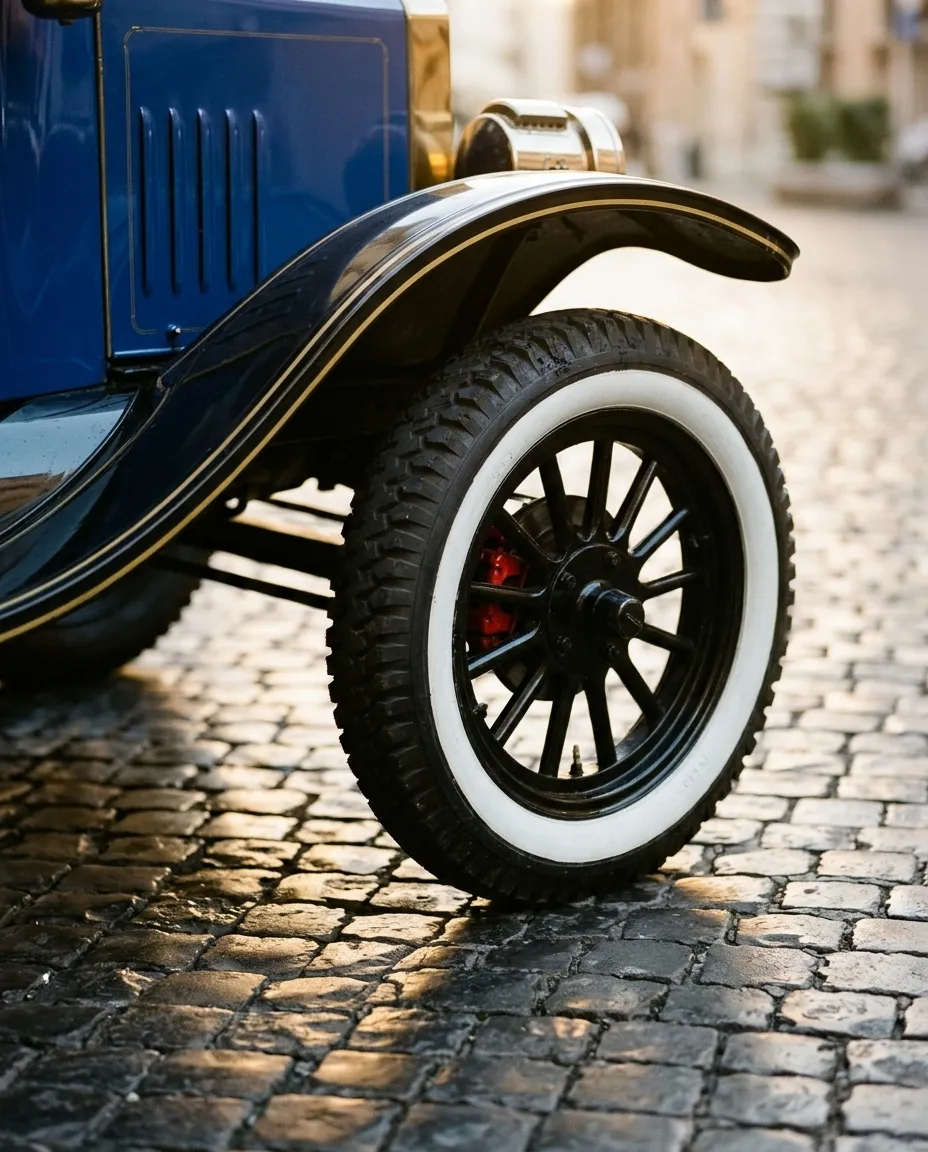 The white-wall front tyre and black spoked wheel of the blue Model T on wet cobblestones