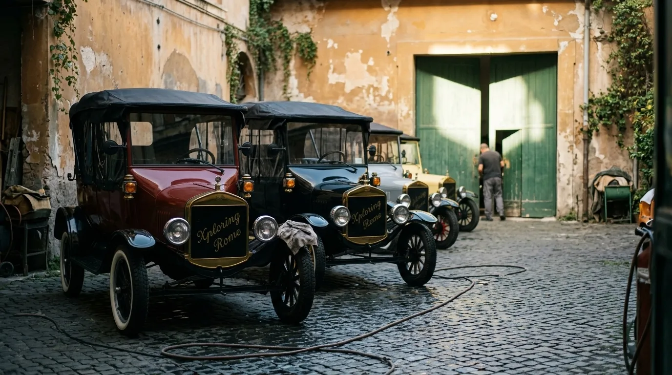 Model Ts lined up in the courtyard of the garage on a working morning