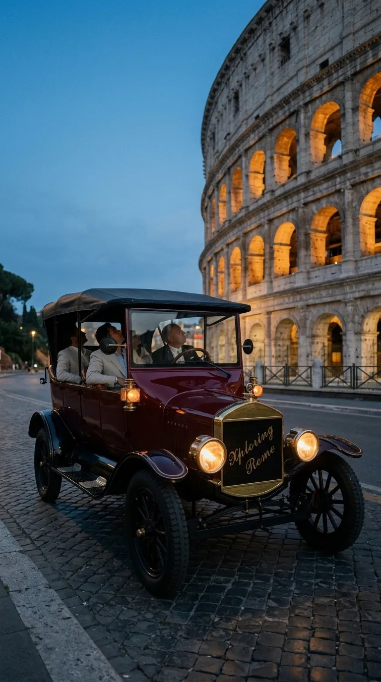 The bordeaux Model T with its headlamps on beside the Colosseum at dusk