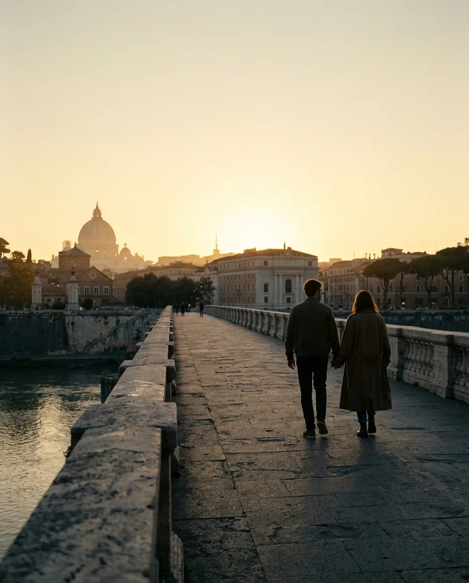 A couple walking hand in hand across Ponte Sisto at sunset, the dome of St. Peter's in the haze