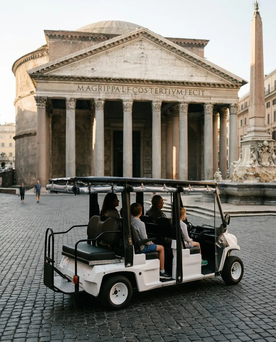 The white golf cart driving slowly past the Pantheon at dawn, a family on board