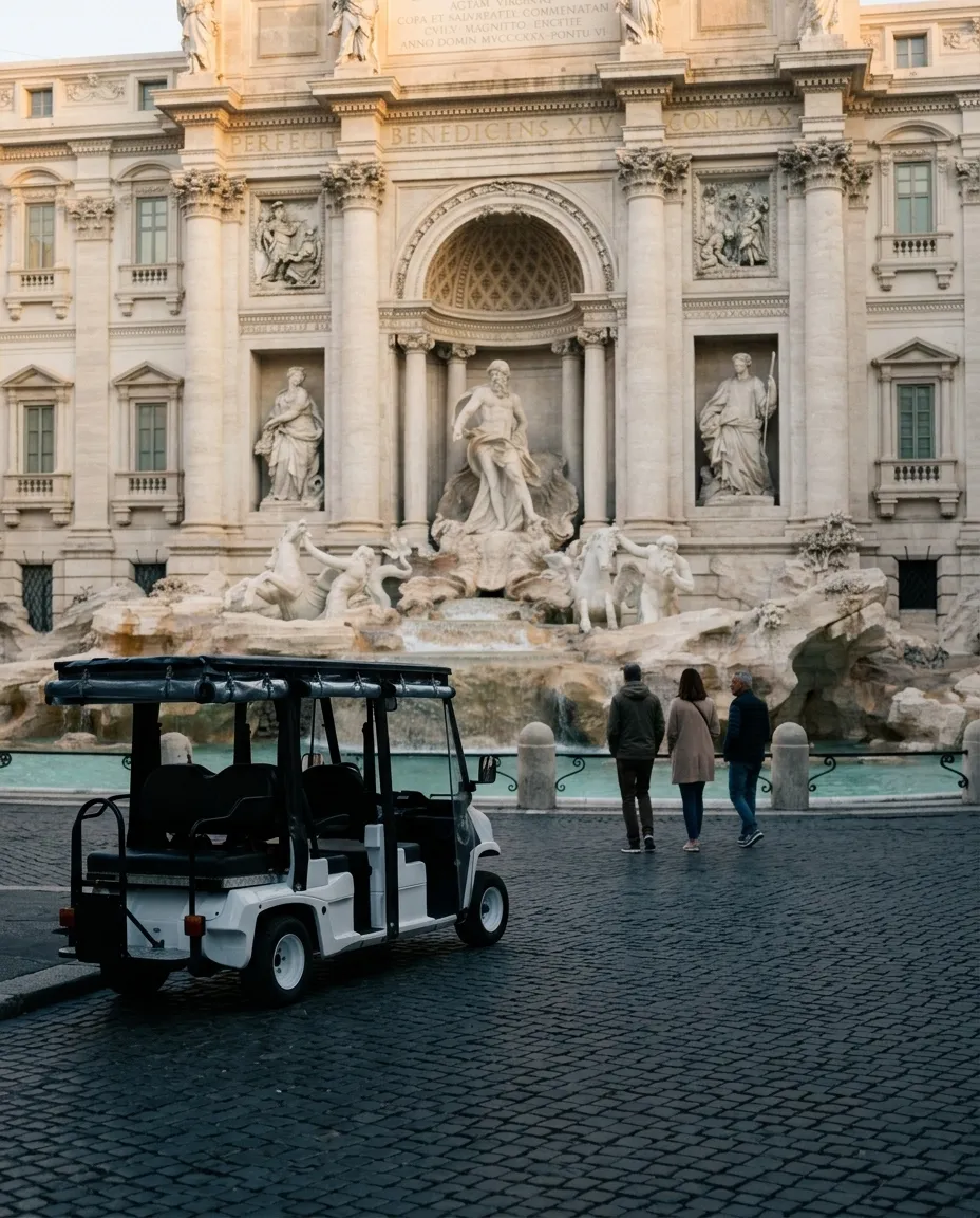 The golf cart at the edge of the Trevi Fountain piazza in the first light, three guests walking towards the fountain