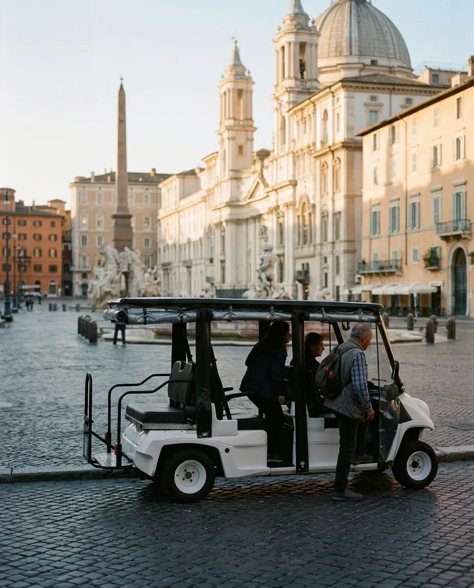 The golf cart parked at the edge of Piazza Navona in the early morning