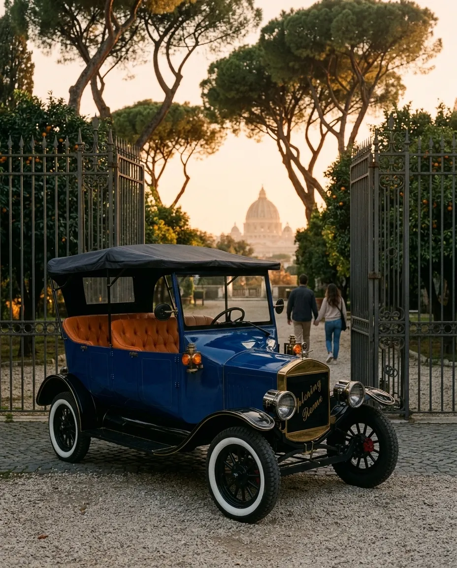 The blue Model T parked by the open iron gate of the Orange Garden at sunset