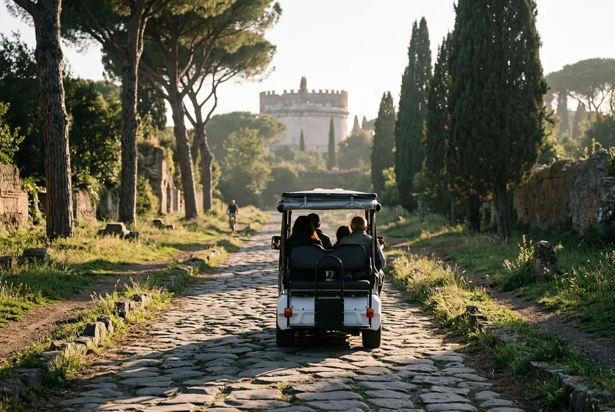 The white golf cart on the ancient paving of the Appian Way, the tomb of Cecilia Metella ahead